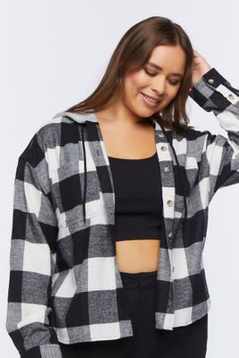 Women's Hooded Plaid Combo Top in White/Black, 0X