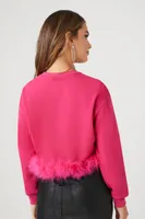 Women's Feather-Trim Pullover in Hot Pink Large