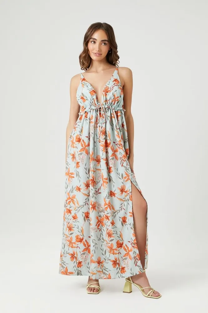 Women's Floral Print Cami Midi Dress in Mint/Orange Small