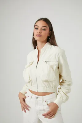 Women's Cropped Bomber Jacket in Cream Small