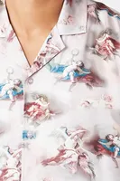 Men Satin Angel Print Shirt Cream