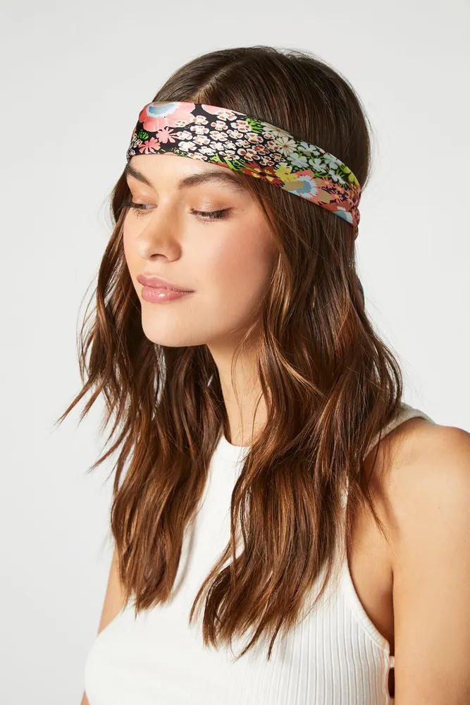 Satin Floral Print Headwrap in Black