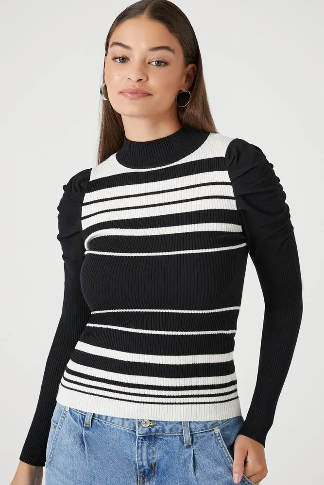 Women's Striped Mock Neck Sweater Black/White