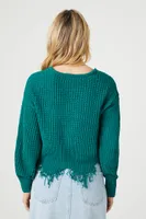 Women's Distressed Sharkbite Cutout Sweater in Green Medium