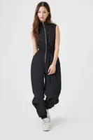 Women's Sleeveless Poplin Zip-Up Jumpsuit in Black Medium