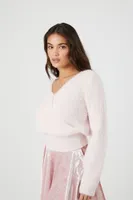 Women's Fuzzy Knit Surplice Sweater Pink