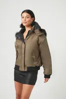 Women's Faux Fur-Trim Bomber Jacket in Olive/Black Large