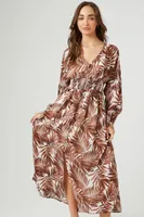 Women's Leaf Print Peasant-Sleeve Maxi Dress in Brown Medium