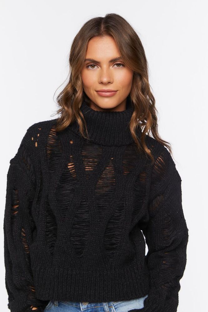 Women's Distressed Turtleneck Sweater in Black Small