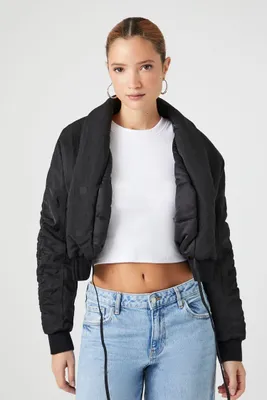 Women's Ruched Tie-Front Puffer Jacket in Black Large