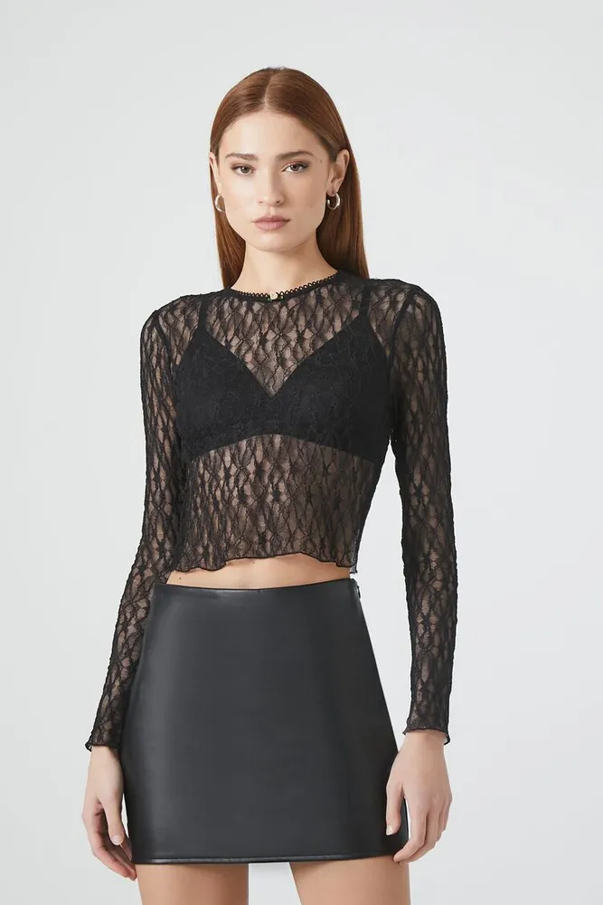 Women's Sheer Lace Rosette Crop Top in Black Medium