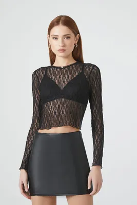 Women's Sheer Lace Rosette Crop Top in Black Small