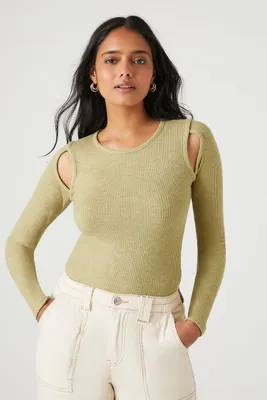 Women's Ribbed Cutout Long-Sleeve Bodysuit in Warm Olive Small