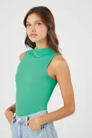 Women's Ribbed Knit Mock-Neck Bodysuit in Green Large