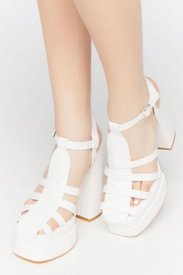 Women's Faux Leather Caged Platform Heels White,