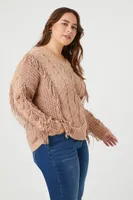 Women's Cable Knit Fringe Sweater in Tan, 1X