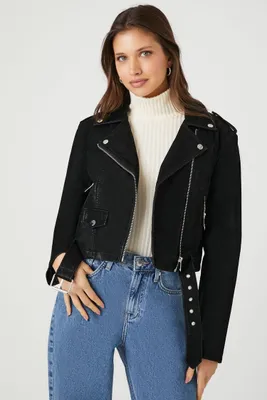 Women's Faux Leather Belted Moto Jacket in Black Small