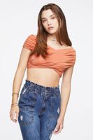 Women's Off-the-Shoulder Crossover Crop Top in Orange Large