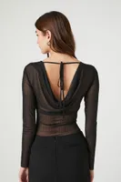 Women's Mesh Rhinestone Cowl Bodysuit in Black Small