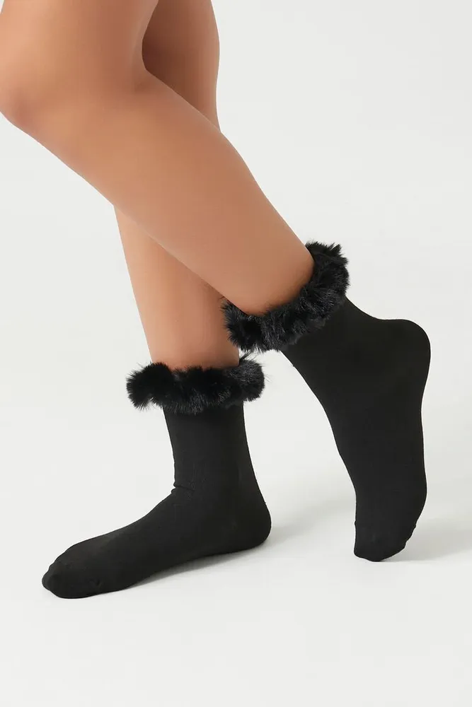 Faux Fur Crew Socks in Black