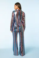 Women's Sequin Striped Shirt & Pants Set in Light Blue Small