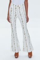 Women's Floral Print High-Rise Flare Pants in White Small