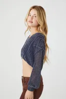 Women's Cropped Cable Knit Sweater in Navy Large