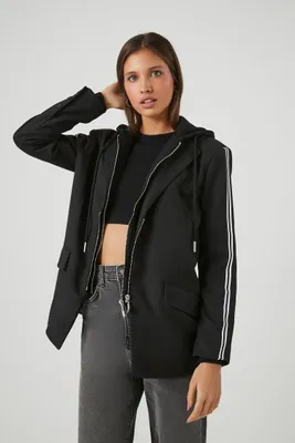 Women's Varsity-Striped Zip-Up Hooded Blazer in Black/Black Small