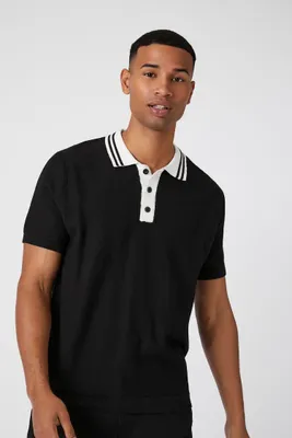 Men Striped-Trim Polo Shirt in Black/Cream, XXL