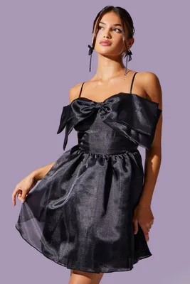 Women's Organza Bow Mini Dress in Black Small