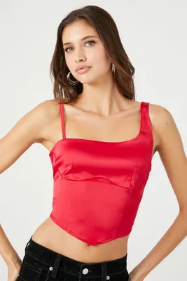 Women's Satin One-Shoulder Bustier Crop Top in Fiery Red Medium