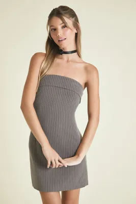 Women's Pinstriped Strapless Mini Dress in Grey/Ivory, XL