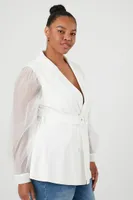 Women's Belted Sheer-Sleeve Blazer in Ivory, 3X