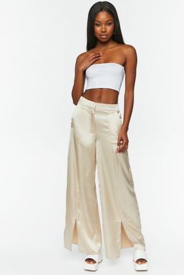 Women's Satin Wide-Leg Split-Hem Pants in Ash Brown Small