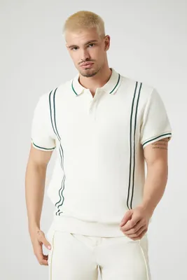 Men Striped-Trim Polo Shirt in Cream/Sea Green, XXL