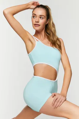 Women's Active Cutout One-Shoulder Romper in Powder Blue/White Large