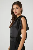 Women's Satin One-Shoulder Bow Top in Black Small