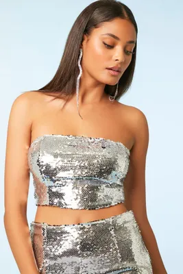 Women's Sequin Cropped Tube Top in Silver Small