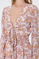 Women's Floral Print Peasant Sleeve Dress in Taupe Small