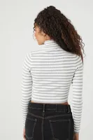 Women's Striped Turtleneck Sweater in Heather Grey/White Medium