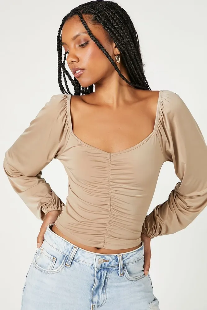 Women's Ruched Peasant-Sleeve Top in Taupe, XL