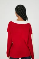 Women's Ribbed Knit Colorblock Sweater in Vanilla/Red, XS