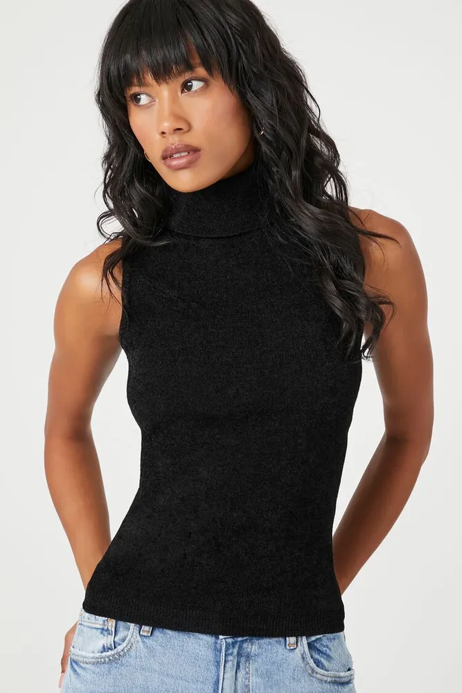 Women's Sweater-Knit Turtleneck Crop Top Black