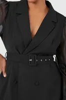 Women's Belted Sheer-Sleeve Blazer in Black, 1X