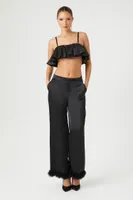 Women's Satin Faux Fur-Trim Pants in Black Large