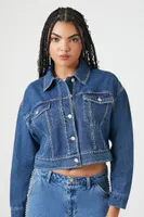 Women's Rhinestone-Trim Denim Trucker Jacket in Medium Denim