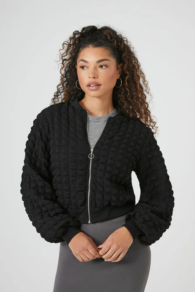 Women's Popcorn Knit Bomber Jacket in Black, XL