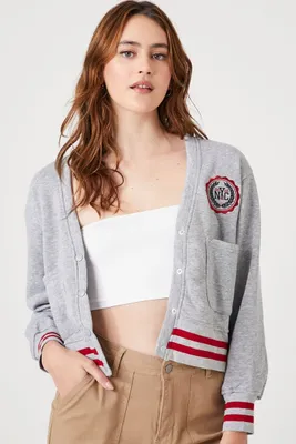 Women's NYC Graphic Varsity Cardigan Sweater in Grey Large