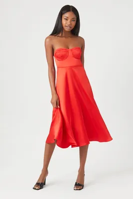 Women's Satin Sweetheart Midi Dress in Fiery Red Small