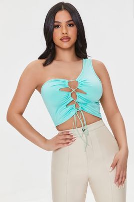 Women's Lace-Up One-Shoulder Crop Top in Mint Large